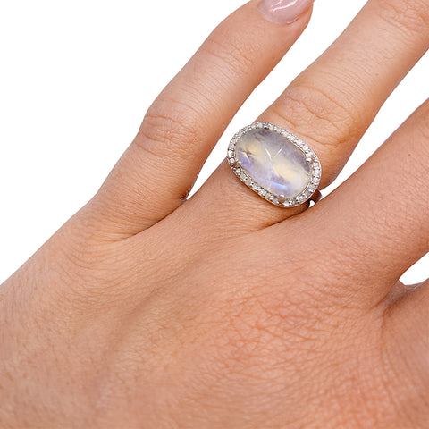 Sideways Sasha Moonstone and Diamond Halo Slice Ring silver